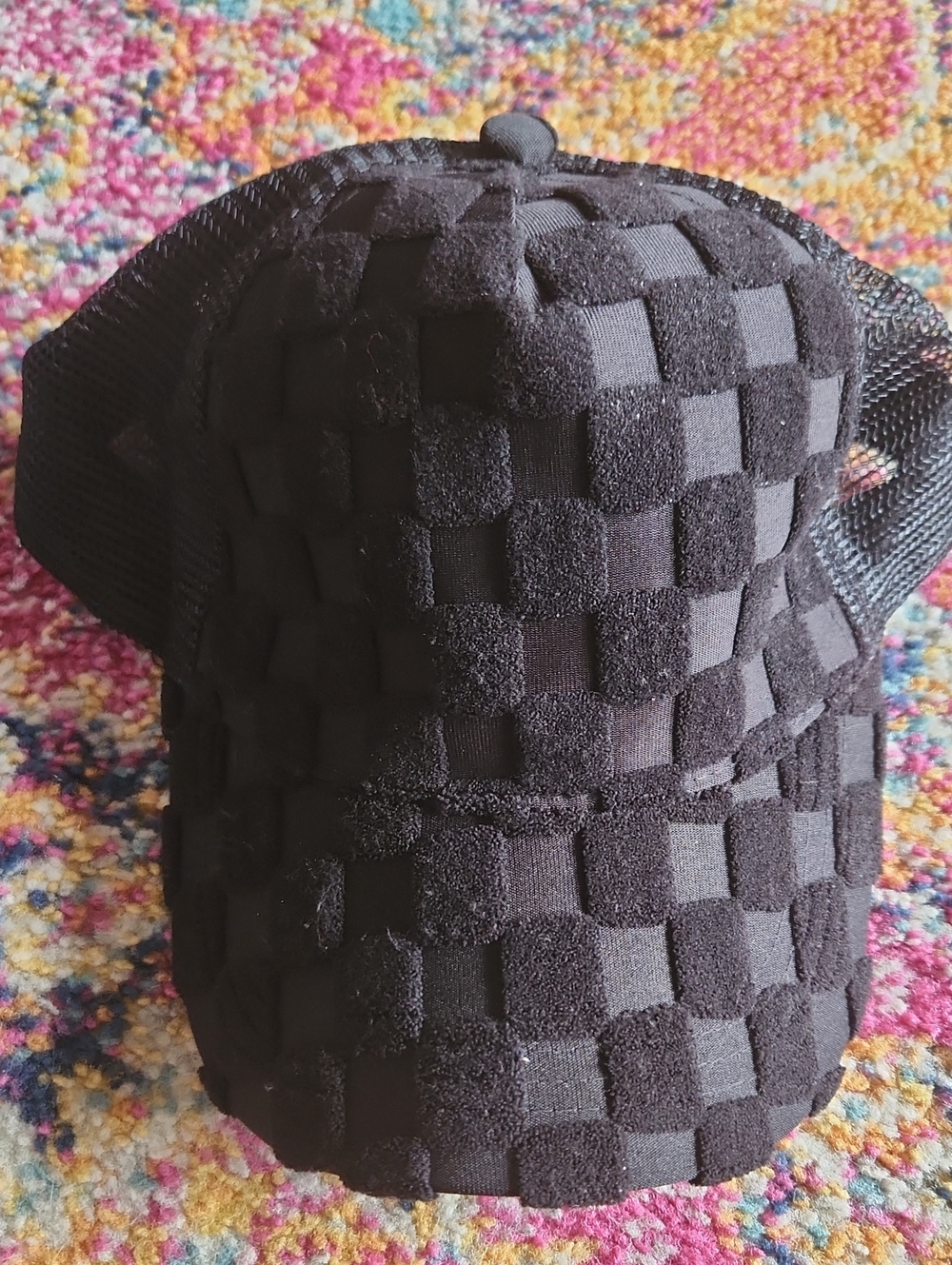 Checkerboard Textured Black Trucker Hat